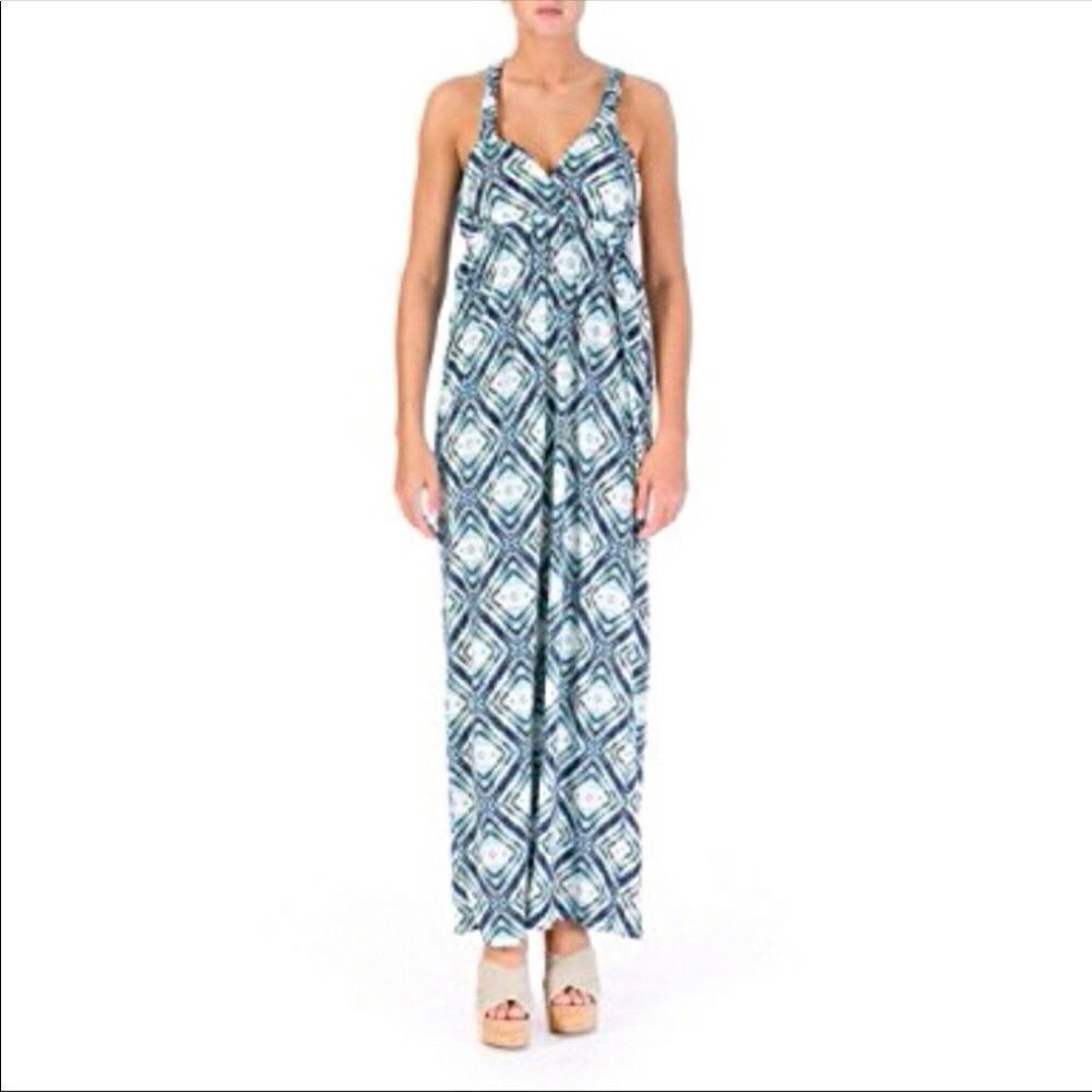 New PINk ROSE ikat Maxi Sundress Blue White M